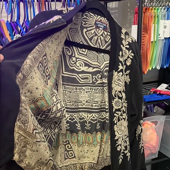 Johnny Was Black and White Bomber Jacket with Floral Embroidery - Picture 3 of 4